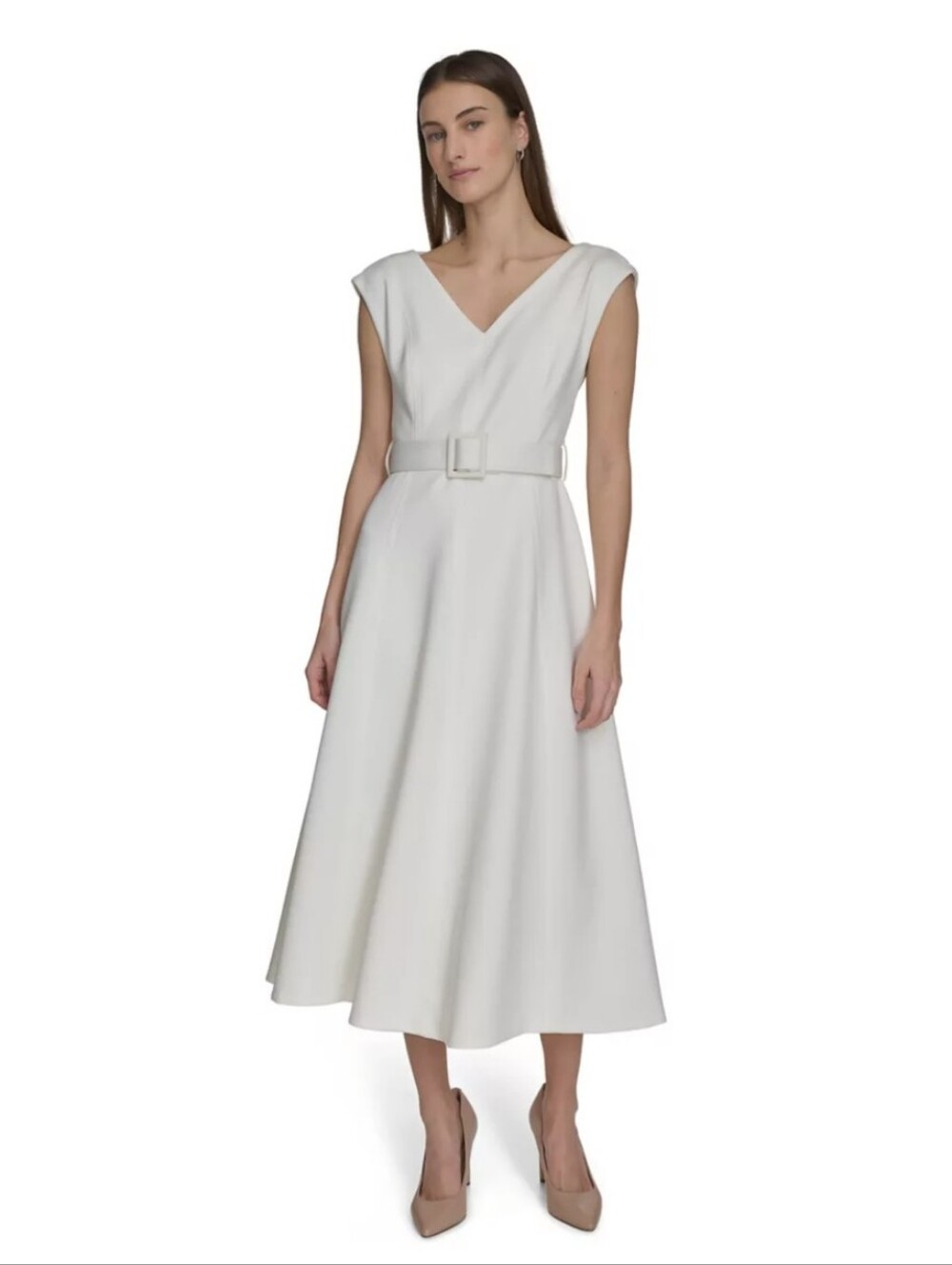 NWT Calvin Klein Black Belted Fit & Flare Midi Dress Sleeveless V-Neck Sz 2 $139